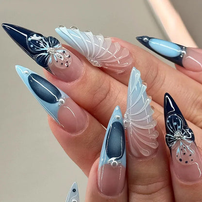 24Pcs Long Stiletto Fake Nails Press on 3D Shell Irregular Metal Design Full Cover Nails Tips Pink Smudge Detachable False Nails