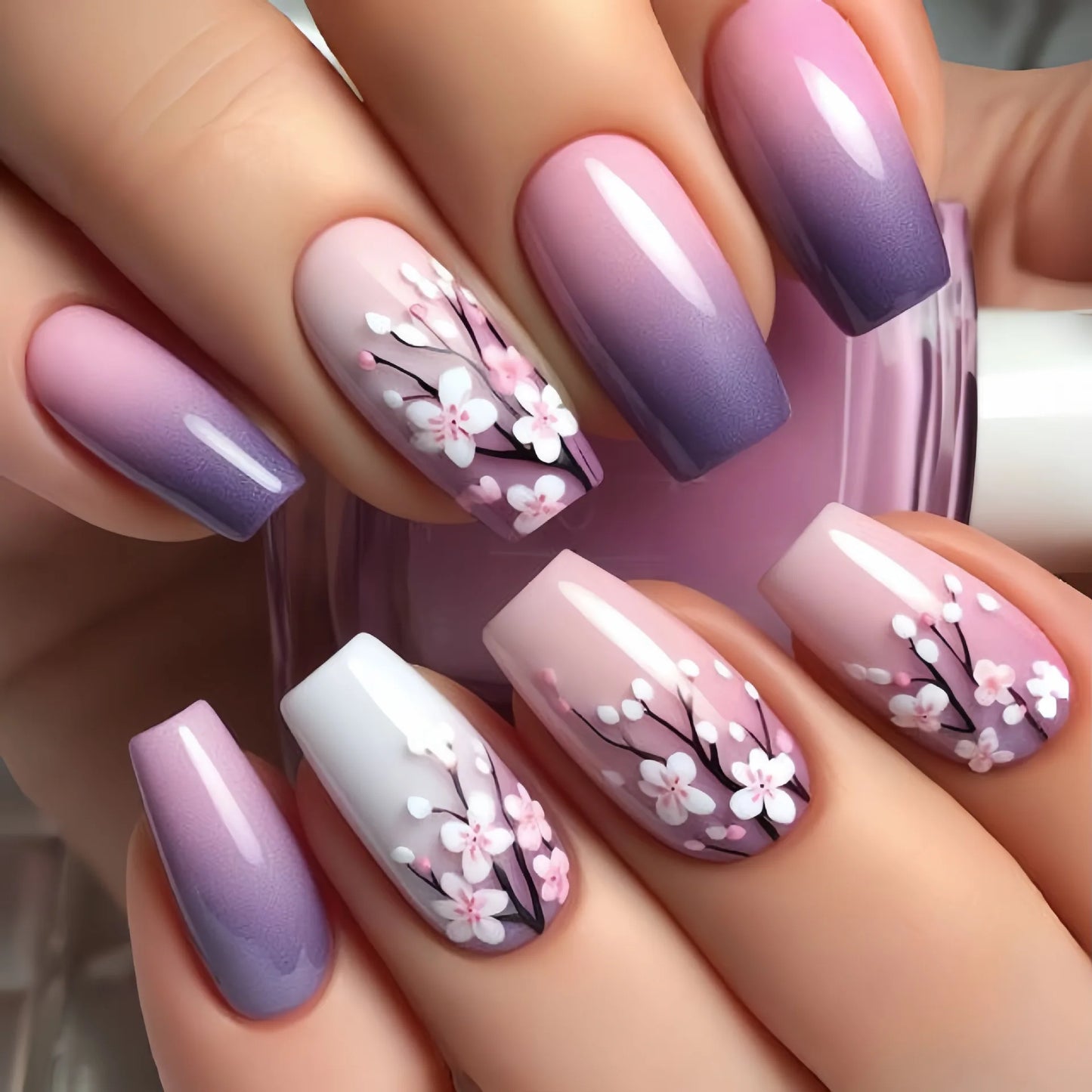 24pcs/set medium long fake nails for Spring summer season beautiful peach flowers butterfly design press on false nail art tips
