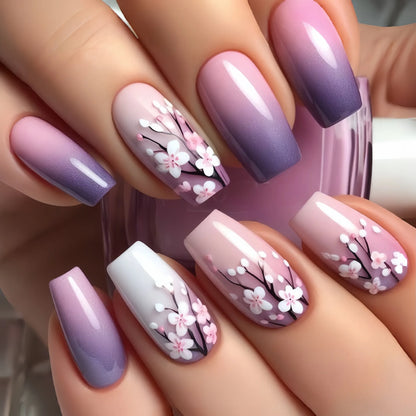 24pcs/set medium long fake nails for Spring summer season beautiful peach flowers butterfly design press on false nail art tips