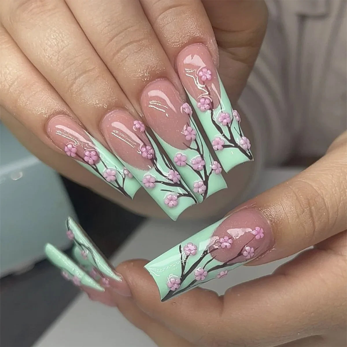 24pcs/set Long Medium short fake nails for women girls cute bow flowers decoration french tips faux ongles press on false nail